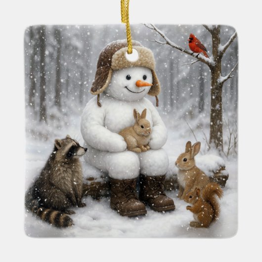 Snowman In Winter Woods With Animal Friends Keramisch Ornament (Voorkant)