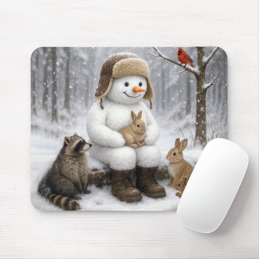 Snowman In Winter Woods With Animal Friends Muismat (Met muis)