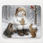 Snowman In Winter Woods With Animal Friends Muismat (Voorkant)