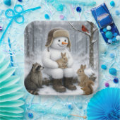 Snowman In Winter Woods With Animal Friends Papieren Bordje (Feest)