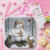 Snowman In Winter Woods With Animal Friends Papieren Bordje (Feest)