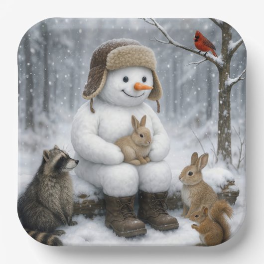 Snowman In Winter Woods With Animal Friends Papieren Bordje (Voorkant)