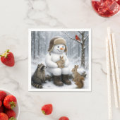 Snowman In Winter Woods With Animal Friends Servet (Insitu)
