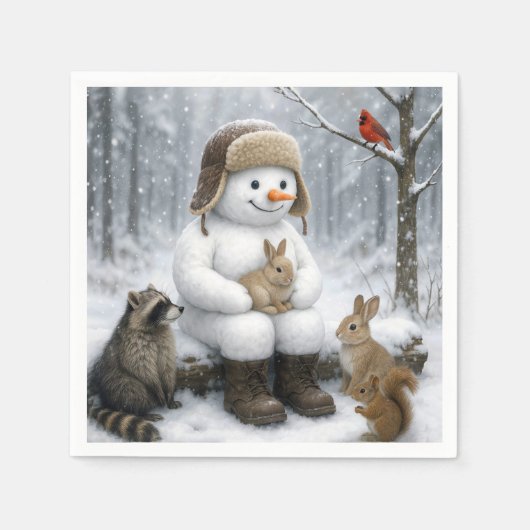 Snowman In Winter Woods With Animal Friends Servet (Voorkant)