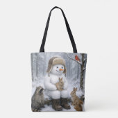 Snowman In Winter Woods With Animal Friends Tote Bag (Achterkant)