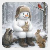 Snowman In Winter Woods With Animal Friends Vierkante Sticker (Voorkant)