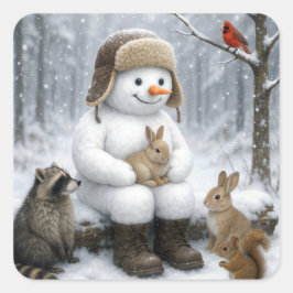 Snowman In Winter Woods With Animal Friends Vierkante Sticker
