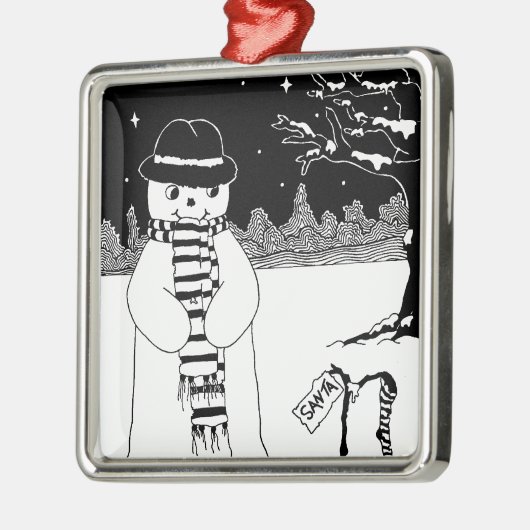 snowman in zwart-wit , leuk glimlachend metalen ornament (Links)
