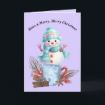 Snowman-kaart voor fijne kerst bedankkaart<br><div class="desc">Vrolijke Kerstmis Sneeuwman kaart. De Sneeuwman zit boven op een kopje met kerstversieringen,  en de kaart is meestal blauw en licht paarse. De woorden aan de binnenkant kunnen worden veranderd. Bedankt voor Creative Fabrica voor enkele van de onderdelen in het ontwerp.</div>