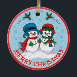 Snowman Keramisch Ornament<br><div class="desc">Pas deze Schattige Snowman-kerstsieraad aan! Mr. En Mrs Frosty The Snowman neemt een magische kerstrol door een "sneeuwwinterwonderland"! Origineel Kunstontwerp door artiest Kerry Miller.</div>