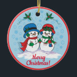 Snowman Keramisch Ornament<br><div class="desc">Dit is een unieke kerstversiering van een soort. Mr. En Mrs Frosty The Snowman neemt een magische kerstrol door een "sneeuwwinterwonderland"! Originele Kunstschilders van artiest Kerry Miller.</div>