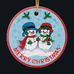 Snowman Keramisch Ornament<br><div class="desc">Personaliseer dit Schattige "One Of A Kind" kerstornament! Mr. & Mrs Frosty The Snowman maken een magische kerstwandeling door een "sneeuwwinterwonderland"! Origineel kunstontwerp van kunstenaar Kerry Miller.</div>