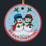 Snowman Keramisch Ornament<br><div class="desc">Personaliseer dit Schattige "One Of A Kind" kerstornament! Mr. & Mrs Frosty The Snowman maken een magische kerstwandeling door een "sneeuwwinterwonderland"! Origineel kunstontwerp van kunstenaar Kerry Miller.</div>