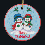 Snowman Keramisch Ornament<br><div class="desc">Personaliseer dit unieke "One Of A Kind" kerstornament! Mr. & Mrs Frosty The Snowman maken een magische kerstwandeling door een "sneeuwwinterwonderland"! Origineel kunstontwerp van kunstenaar Kerry Miller.</div>