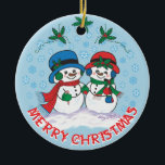 Snowman Keramisch Ornament<br><div class="desc">Dit is een unieke Snowman-kerstversiering. Mr. En Mrs Frosty The Snowman neemt een magische kerstrol door een Snowy Winter Wonderland! Originele Kunstschilders van artiest Kerry Miller.</div>