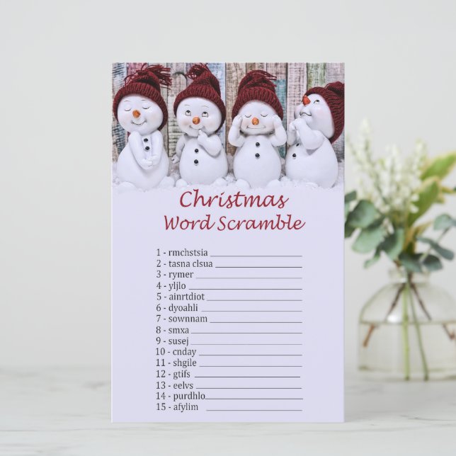 Snowman kerst woord scramble spel (Staand voorkant)