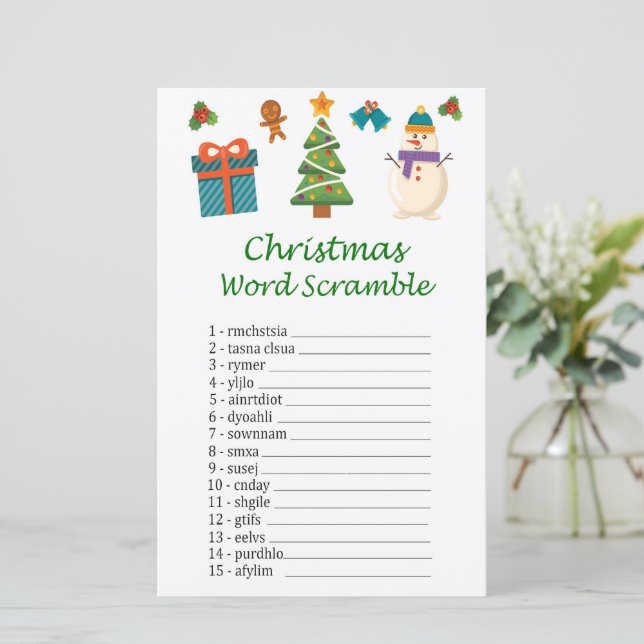 Snowman kerst woord scramble spel (Staand voorkant)