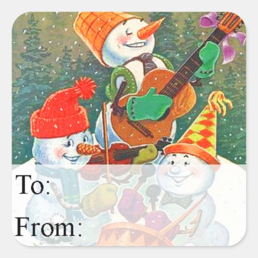 Snowman-kerstband en  cadeauLabel Vierkante Sticker (Voorkant)