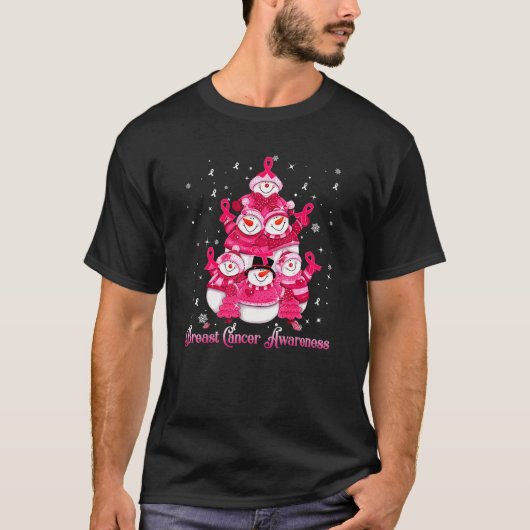 Snowman-kerstboom borstkankerbewustzijn t-shirt (Voorkant)