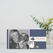 Snowman kerstfotokaart {blauw} feestdagenkaart (Staand voorkant)