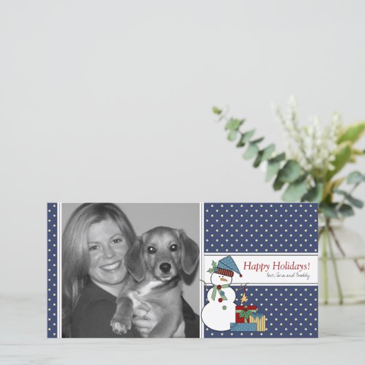 Snowman kerstfotokaart {blauw} feestdagenkaart (Staand voorkant)