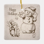 Snowman Kerstmis en feestdag Keramisch Ornament<br><div class="desc">De stijl van ons sneeuwpop-ornament heeft een ander ontwerp aan beide zijden. De design markeren elk prachtig getrokken, met de hand getekende sneeuwmensen en ornamenten, en groeten... "Prettige feestdagen" aan de ene kant en "vrolijk kerstfeest" aan de andere kant. Je zult van dit ornament houden als elegante toevoeging aan je...</div>