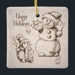 Snowman Kerstmis en feestdag Keramisch Ornament<br><div class="desc">De stijl van ons sneeuwpop-ornament heeft een ander ontwerp aan beide zijden. De design markeren elk prachtig getrokken, met de hand getekende sneeuwmensen en ornamenten, en groeten... "Prettige feestdagen" aan de ene kant en "vrolijk kerstfeest" aan de andere kant. Je zult van dit ornament houden als elegante toevoeging aan je...</div>