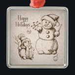 Snowman Kerstmis en feestdag Metalen Ornament<br><div class="desc">De  stijl van ons sneeuwvakantie-ornament heeft een prachtig vormgegeven dat handgetekende sneeuwmensen en -ornamenten en de groet "Prettige feestdagen" bevat. Je zult van dit ornament houden als een elegante aanraking met je kerstboom. Vrolijk kerstfeest vanuit Kristin 'n Steve bij KNS Gear en bedankt om onze kerstwinkel te winkelen!</div>