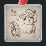 Snowman Kerstmis en feestdag Metalen Ornament<br><div class="desc">De  stijl van ons sneeuwvakantie-ornament heeft een prachtig vormgegeven dat handgetekende sneeuwmensen en -ornamenten en de groet "Prettige feestdagen" bevat. Je zult van dit ornament houden als een elegante aanraking met je kerstboom. Vrolijk kerstfeest vanuit Kristin 'n Steve bij KNS Gear en bedankt om onze kerstwinkel te winkelen!</div>
