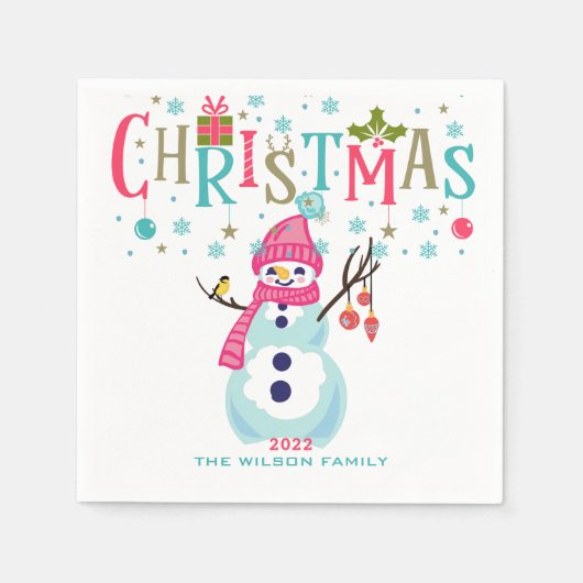 Snowman kerstTurquoise Red Pink gepersonaliseerd Servet (Voorkant)