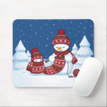 Snowman Knitting Christmas Scarf Muismat<br><div class="desc">Cartoon illustration of two adorable snowmen dressed in knitted hats and scarves. The big snowman is knitting an oversized scarf for the little one. The scarf is already wrapped several times around the cute little snowman.</div>