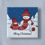 Snowman Knitting Christmas Scarf Vierkante Button 5,1 Cm<br><div class="desc">Cartoon illustration of two adorable snowmen dressed in knitted hats and scarves. The big snowman is knitting an oversized scarf for the little one. The scarf is already wrapped several times around the cute little snowman.</div>