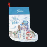 Snowman | Laat het sneeuwen gepersonaliseerd Kleine Kerstsok<br><div class="desc">Een schattige fleece kerstkous begroet familie en vrienden met een kleurrijke sneeuwman en zijn hond in een kerstmanpak buddy terwijl ze genieten van een sneeuwval. Personaliseer dit met een naam,  voordat u het in uw winkelwagen plaatst.</div>
