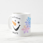 Snowman lachen met lange neus, vrolijk kerstfeest koffiemok (Voorkant links)
