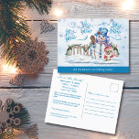 Snowman | Let it Snow Party Aankondiging Post Kaar<br><div class="desc">Hier is een geweldig briefkaart voor het aankondigen van uw vakantie-evenement! De voorzijde toont een kleurrijke scène met een sneeuwman en zijn harige viervoeter, gekleed in een kerstmanpak. De achterkant heeft heerlijke berichten die u kunt gebruiken of tweaken met de eenvoudig te gebruiken sjabloon. Het bevat regelitems voor al uw...</div>
