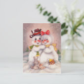 Snowman liefhebbende echtpaar,  feestelijke groet briefkaart (Staand voorkant)