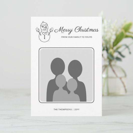 Snowman Line Art met aangepaste foto's en tekst Feestdagenkaart (Staand voorkant)