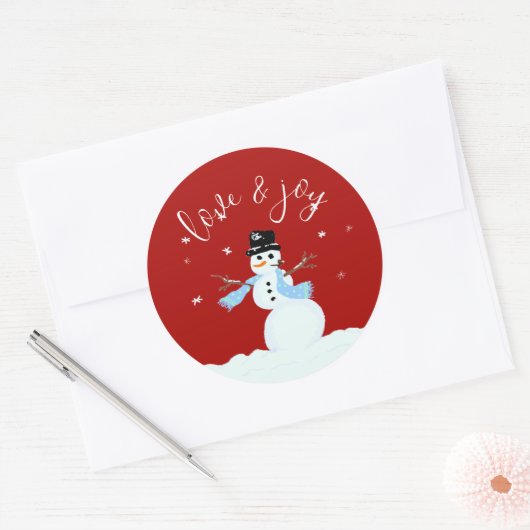 Snowman Love in Joy Red Kerstmis Envelope Seal Ronde Sticker (Envelop)