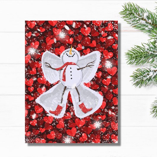 Snowman Making a Snow Angel on Red Hearts Winter Briefkaart