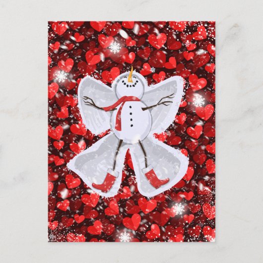 Snowman Making a Snow Angel on Red Hearts Winter Briefkaart (Voorkant)
