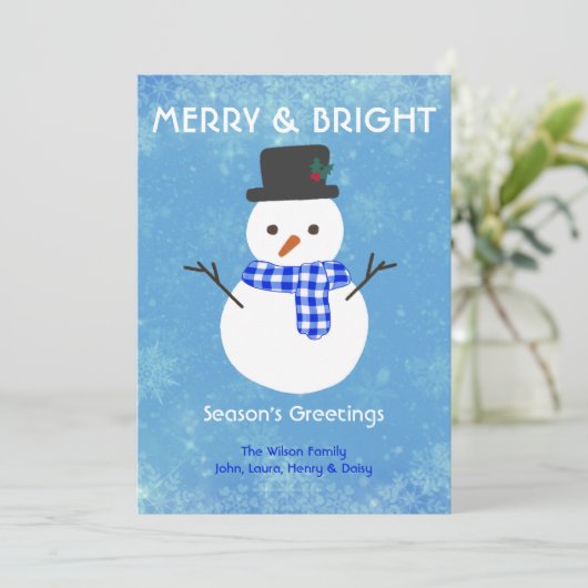 Snowman Merry & Bright Seasons Greetings Custom Ho Feestdagenkaart (Staand voorkant)