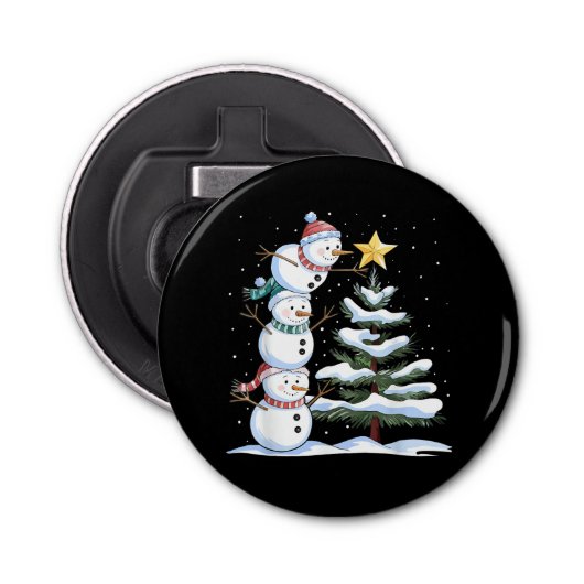 Snowman Merry Christmas Santa Claus Tree Snow Fami Button Flesopener (Voorkant)