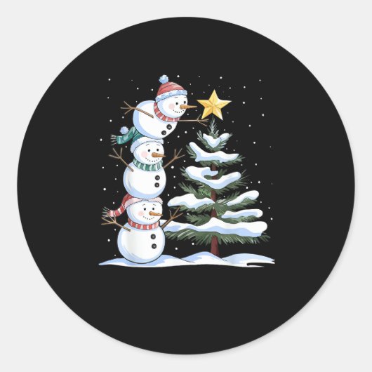 Snowman Merry Christmas Santa Claus Tree Snow Fami Ronde Sticker (Voorkant)
