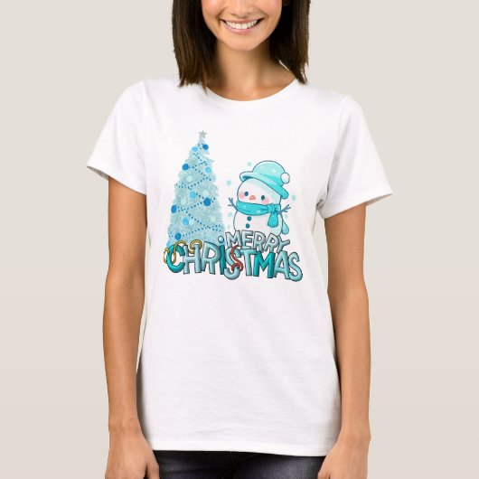 Snowman Merry Christmas Xmas Tree Snow T-Shirt (Voorkant)