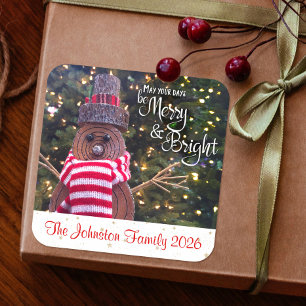 Snowman Merry en Bright Rustic Custom Name Schatti Vierkante Sticker