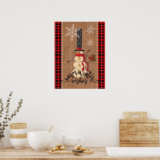 Snowman Merry Kerstmis met Pset en Burlap Poster (Keuken)