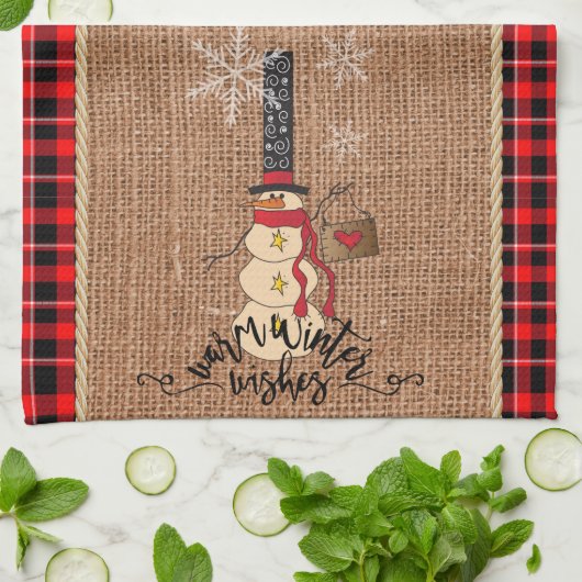 Snowman Merry Kerstmis met Pset en Burlap Theedoek (Gevouwen)