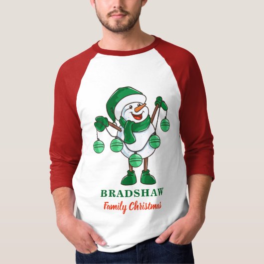 Snowman met Baubles kerstfamilie die overeenkomt m T-shirt (Voorkant)