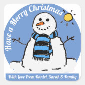 Snowman met Bericht. Vierkante Sticker (Voorkant)