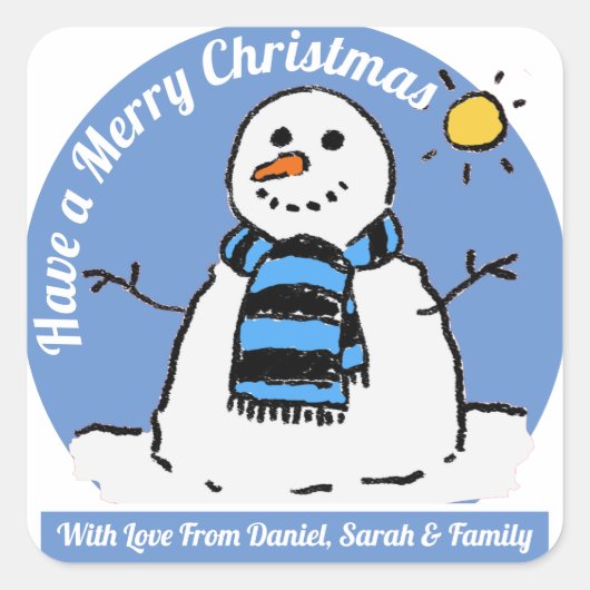 Snowman met Bericht. Vierkante Sticker (Voorkant)
